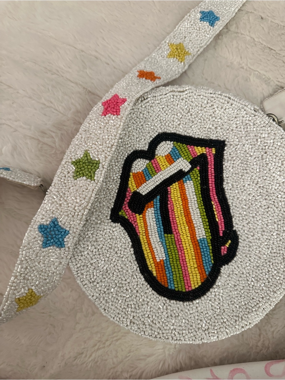 Moyna White Beaded Crossbody Bag with Multicolor Striped Tongue